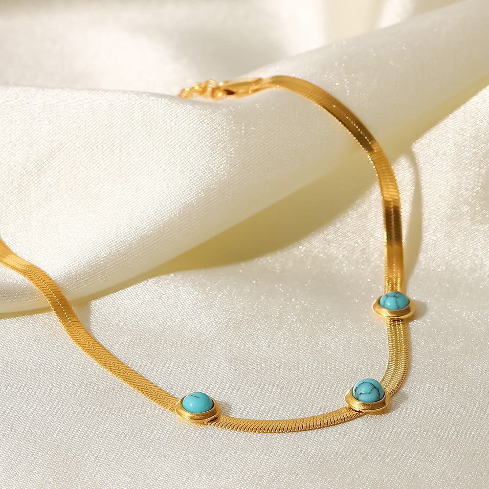 Three Round Turquoise Flat Snake Chain Bracelet