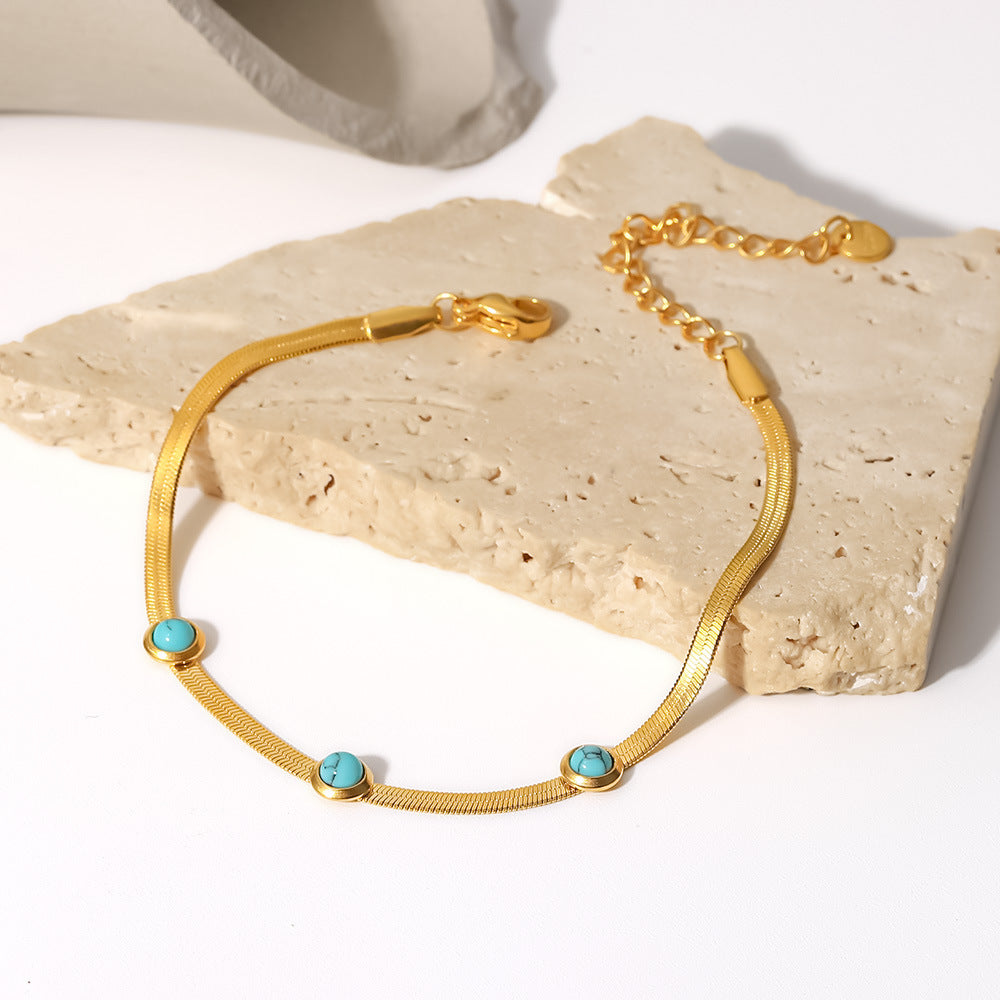Three Round Turquoise Flat Snake Chain Bracelet
