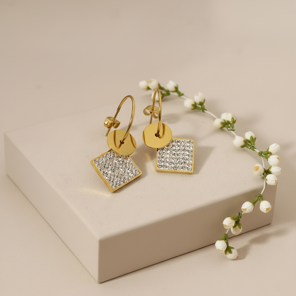 Square C-shaped Diamond  Earring