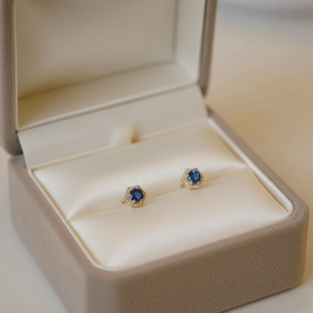 Hexagon Blue Crystal Stud Earring