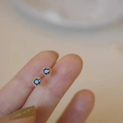 Hexagon Dainty Blue Crystal Stud