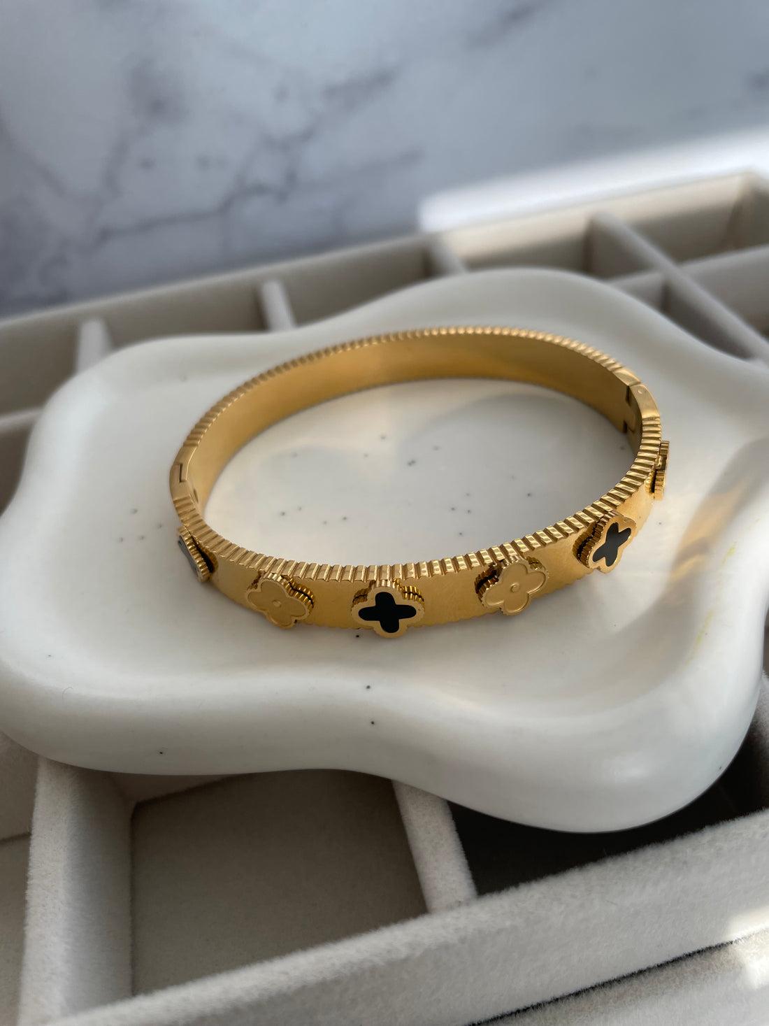 Black and Gold Clover Bangle Bracelet
