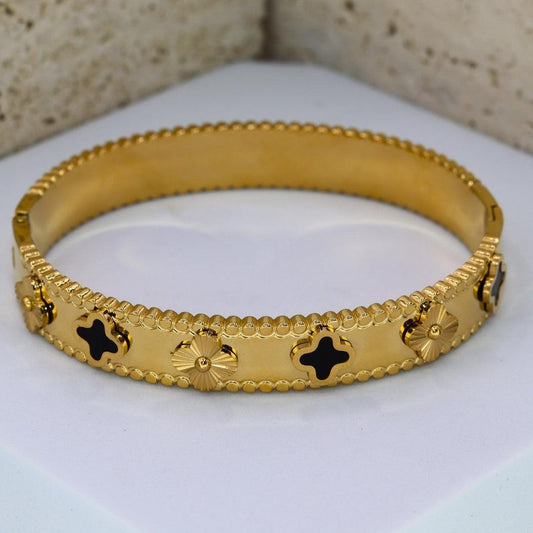 Black and Gold Clover Bangle Bracelet