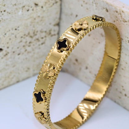 Black and Gold Clover Bangle Bracelet
