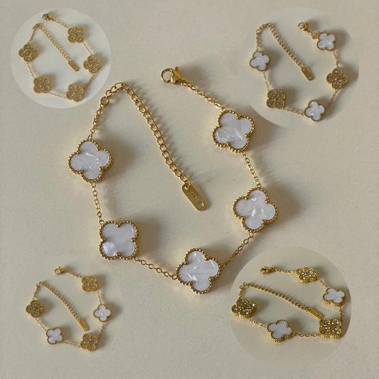 White and Gold Multi Design Clover Bracelet