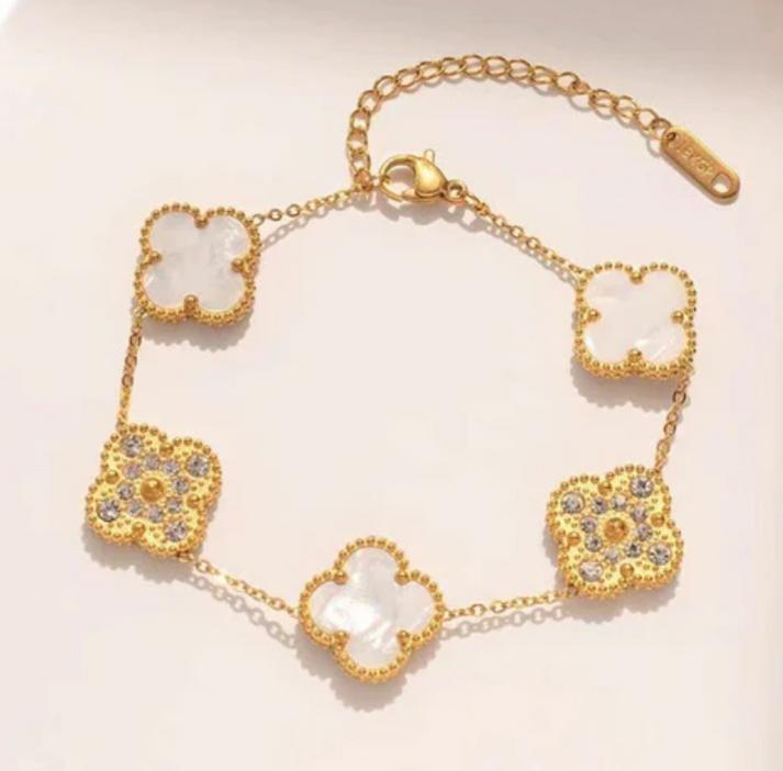 White and Gold Multi Design Clover Bracelet