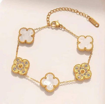 White and Gold Multi Design Clover Bracelet