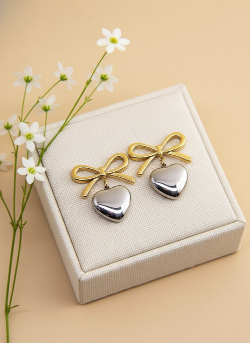 Bow With Heart Drop Earrings
