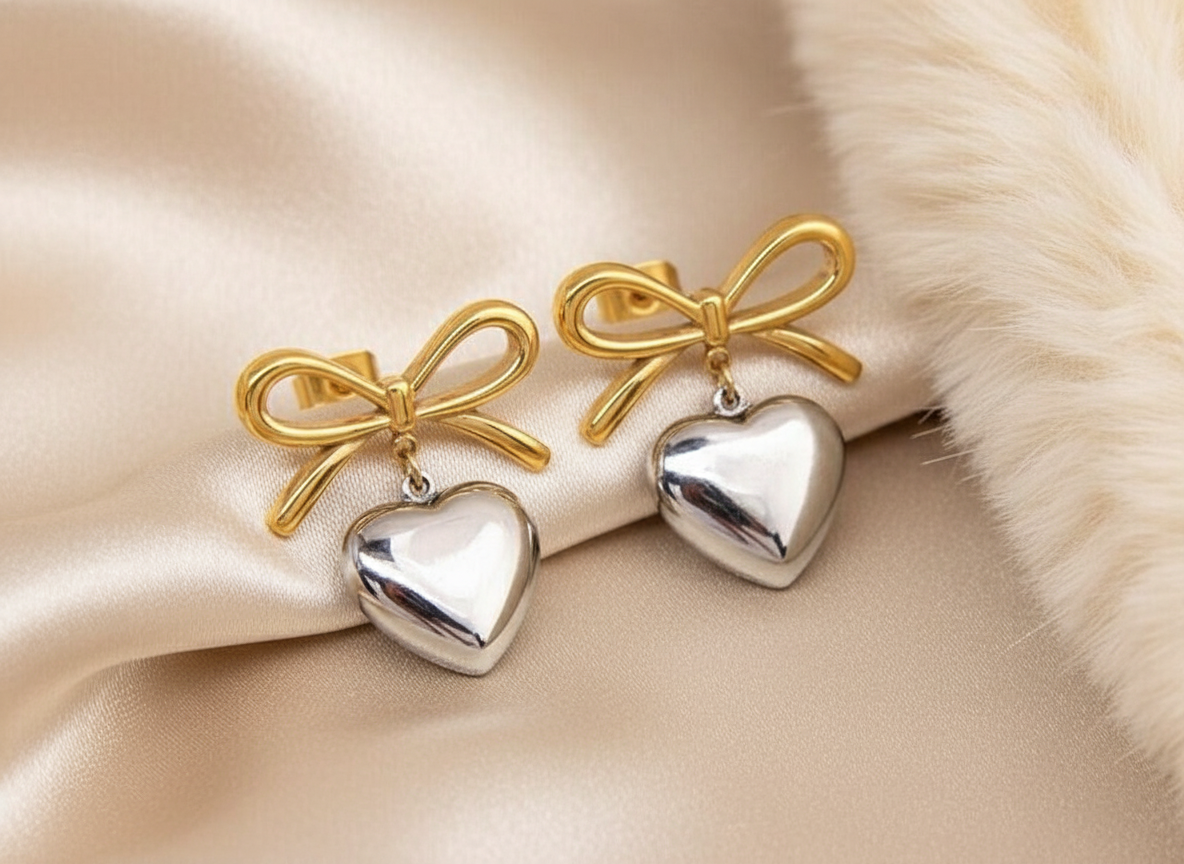 Bow With Heart Drop Earring