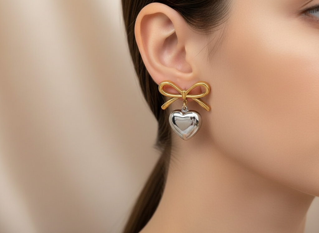Bow With Heart Drop Earring