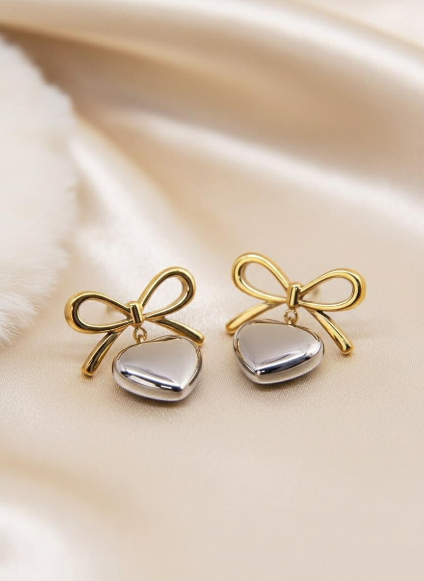 Bow With Heart Drop Earring