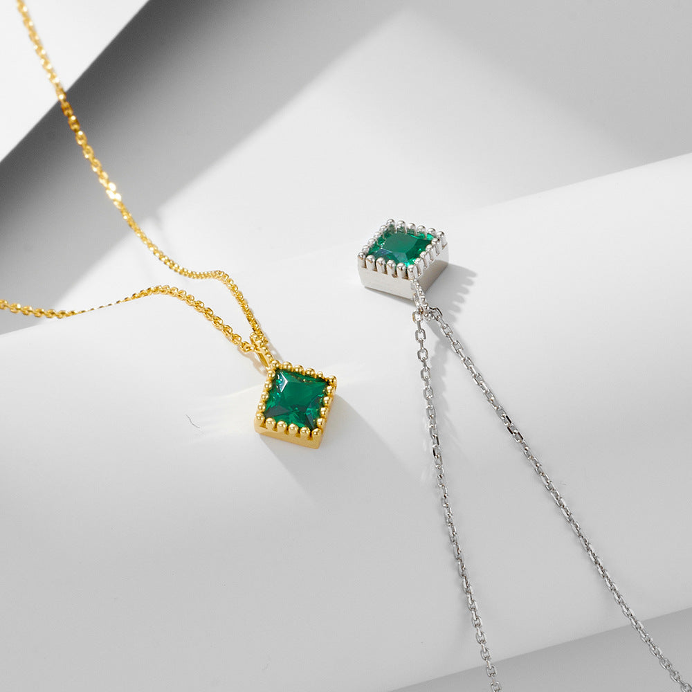 Geometric Square Green Zircon Pendant Necklace