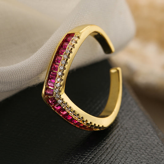 Slim Gold Plated Curved Finger Band with Stone Row