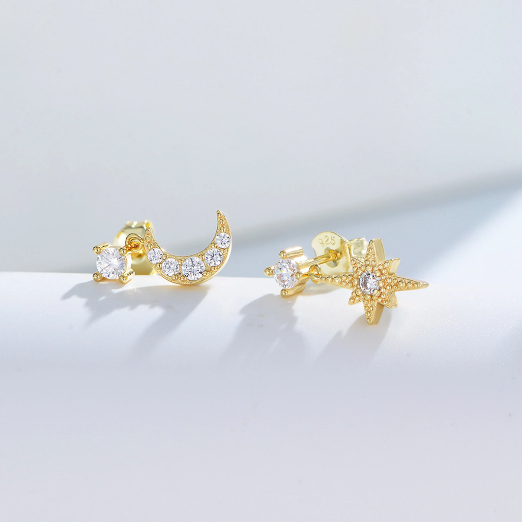 Charm Star Moon Gold Stud Earrings