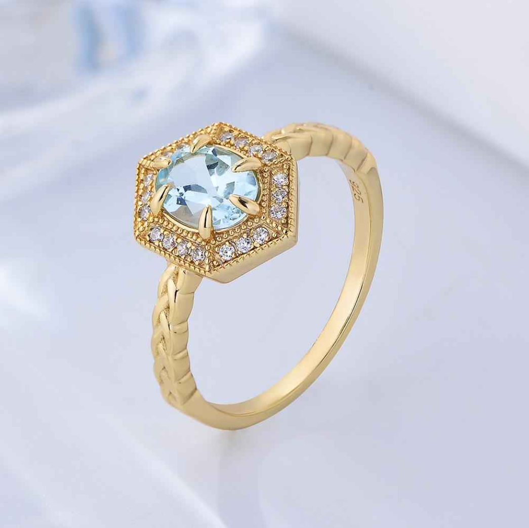 Hexagon Sky Blue Cubic Zircon Ring