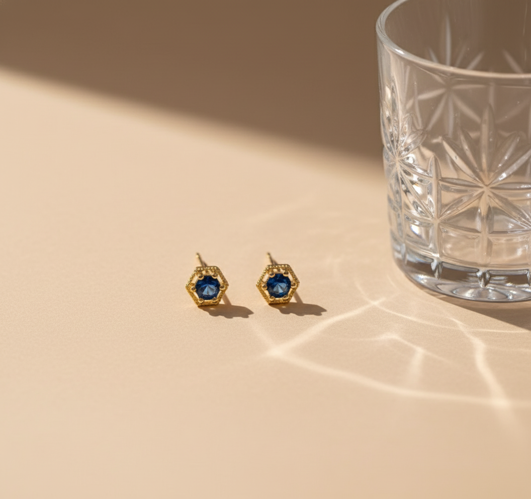 Hexagon Blue Crystal Stud Earring