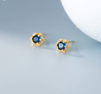 Hexagon Dainty Blue Crystal Stud