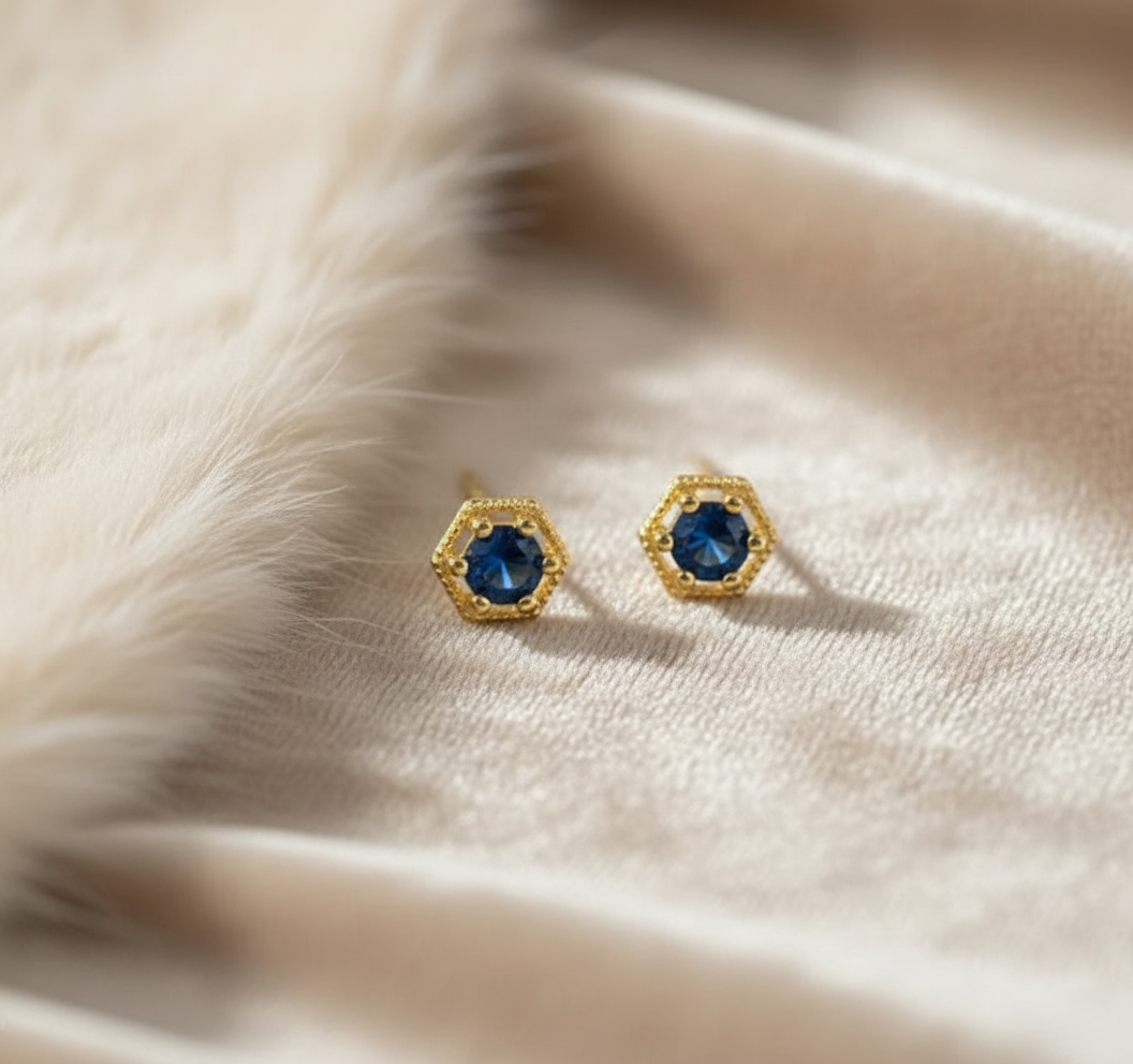 Hexagon Blue Crystal Stud Earring